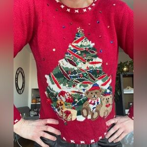 VTG Girls Xmas Sweater Sequin Tree Teddy Bears Sz XS